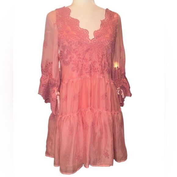 Free People Chrysanthemum Mini Sheer Embroidered Dress w Slip Dress Sz XS - Picture 2 of 10